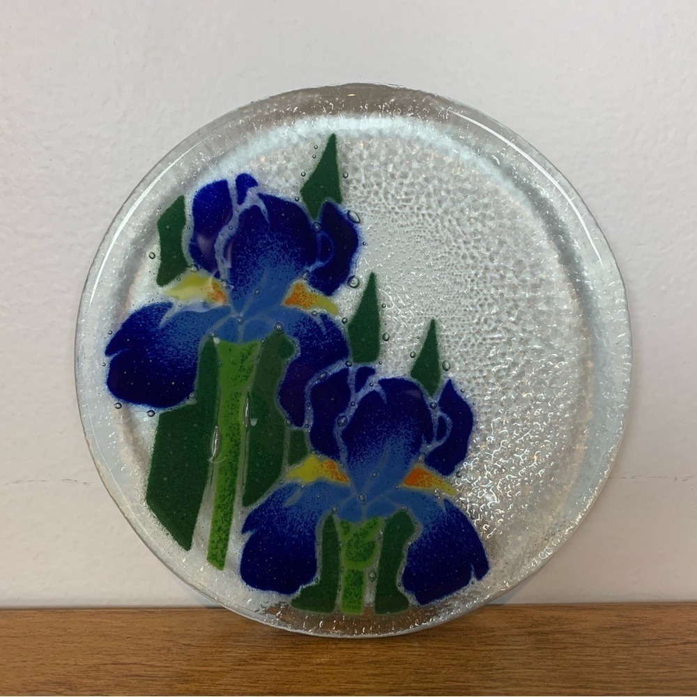 Peggy Karr Fused Art Glass Blue Iris Irises Flower Plate Signed Floral Blue